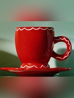 Damson Madder Stoneware Espresso Cup & Saucer 2 Sets Red with White Trim NIB